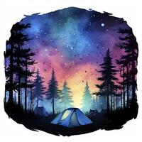 ai generado un cámping tienda en el bosque con noche cielo, acuarela para camiseta diseño. ai generado foto