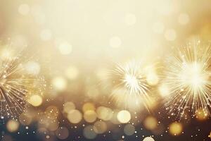 AI generated Gold Vintage Fireworks and bokeh on New Year's Eve and copy space. AI Generated photo