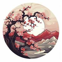 AI generated Cherry blossoms in the sunset background. Japanese tattoo style. AI Generated photo