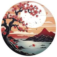 AI generated Cherry blossoms in the sunset background. Japanese tattoo style. AI Generated photo