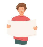Young man holding a blank poster. Empty blank of paper in hands. Cartoon vector illustration.
