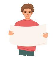 Young man holding a blank poster. Empty blank of paper in hands. Cartoon vector illustration.