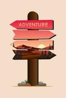 Direction Signboard with sunset nature landscape. Adventure sign direction. Vector illustration.