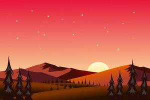 puesta de sol escena en naturaleza con montañas y arboles hermosa paisaje de montañas y salvaje bosque. vector ilustración.