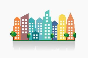 Colorful city skyline with trees. Vector illustration.