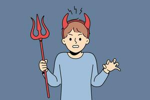 Little bully boy with devil horns makes evil grimace and terrorizes teachers at school or kindergarten. Schoolboy bully with trident angry at adults because of refusal to go for walk together vector