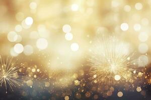 AI generated Gold Vintage Fireworks and bokeh on New Year's Eve and copy space. AI Generated photo