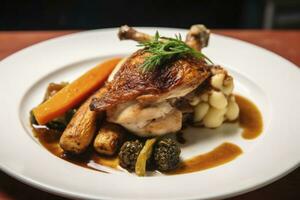 AI generated Plated chicken roast dinner on a white plate with carrot and morel mushroom. AI Generated. photo