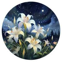 AI generated Watercolor fairy lilies blooming under a starry night sky on a white background. AI Generated photo