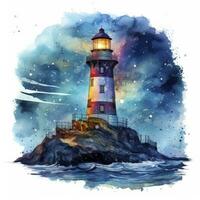 AI generated Lighthouse beside the sea at Night. watercolor for T-shirt design. AI Generated photo