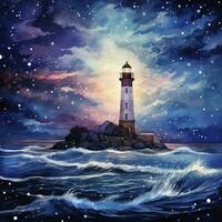 AI generated Lighthouse beside the sea at Night. watercolor for T-shirt design. AI Generated photo