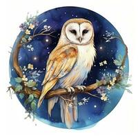 AI generated Watercolor magical owl sitting on a tree branch for T-shirt Design. AI Generated photo