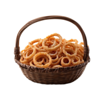 AI generated basket with fried onion rings isolated on transparent background png