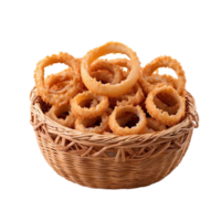 AI generated basket with fried onion rings isolated on transparent background png