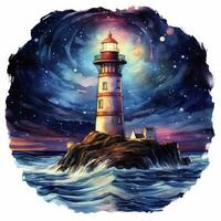 AI generated Lighthouse beside the sea at Night. watercolor for T-shirt design. AI Generated photo