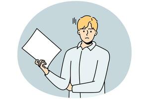 Unhappy young man stand with white paper document. Dissatisfied businessman with paperwork in hands frustrated with results. Vector illustration.