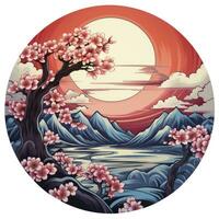 AI generated Cherry blossoms in the sunset background. Japanese tattoo style. AI Generated photo