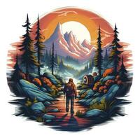 AI generated Vibrant colors wilderness hiking scene for t-shirt. AI Generated photo