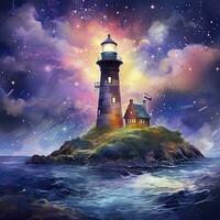 AI generated Lighthouse beside the sea at Night. watercolor for T-shirt design. AI Generated photo