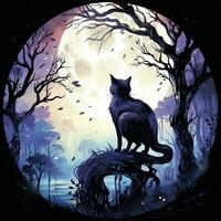 AI generated Black Cat in Moonlit Forest. Watercolor for T-shirt design. AI Generated photo