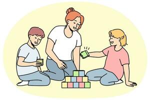 Caring young mother play with children at home. Loving mom engaged in game with colorful blocks with kids on leisure weekend. Vector illustration.