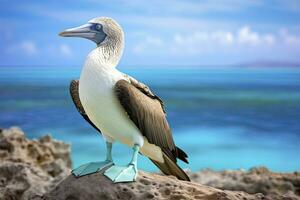 AI generated The rare blue-footed booby rests on the beach. AI Generated photo