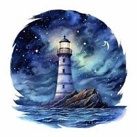 AI generated Lighthouse beside the sea at Night. watercolor for T-shirt design. AI Generated photo