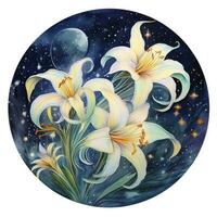 AI generated Watercolor fairy lilies blooming under a starry night sky on a white background. AI Generated photo