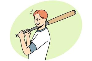 Smiling young male sportsman with baseball bat playing game on field. Happy athlete in uniform. Vector illustration.