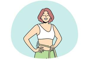 Smiling young woman with tape on waist excited with diet and sport results. Happy think female show thin slim body. Weight loss concept. Vector illustration.