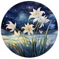 AI generated Watercolor fairy lilies blooming under a starry night sky on a white background. AI Generated photo