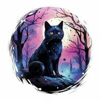 AI generated Black Cat in Moonlit Forest. Watercolor for T-shirt design. AI Generated photo