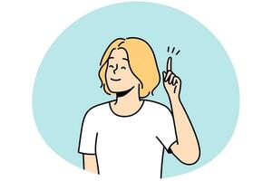 Smiling woman hold finger up generate creative idea or though. Happy female find answer or solve problem. Solution concept. Vector illustration.