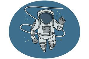 Astronaut in space costume flying in open universe. Cosmonaut in in spacesuit in cosmos. Astrology and science. Vector illustration.