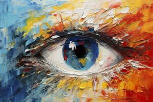 AI generated Fluorite oil painting. Conceptual abstract picture of the eye. Oil painting in colorful colors. Conceptual abstract closeup of an oil painting and palette knife on canvas. AI Generative photo