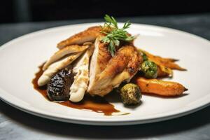 AI generated Plated chicken roast dinner on a white plate with carrot and morel mushroom. AI Generated. photo