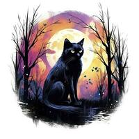 AI generated Black Cat in Moonlit Forest. Watercolor for T-shirt design. AI Generated photo