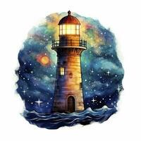 AI generated Lighthouse beside the sea at Night. watercolor for T-shirt design. AI Generated photo