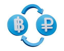 3d blanc baht et rouble symbole sur arrondi bleu Icônes avec argent échange flèches, 3d illustration png