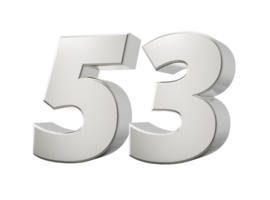 Silver 3d numbers 53 Fifty three.  3d illustration png