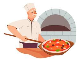 The baker is preparing pizza. The cook takes the pizza out of the oven. Flat vector illustration