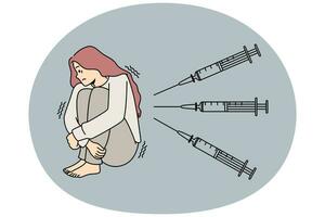 Unhappy scared woman feeling terrified with injections. Unwell anxious girl scared frightened with needles and syringes. Vaccination fear. Vector illustration.