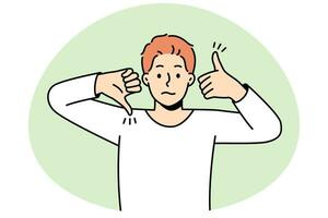 Frustrated man show like and dislike hand gestures demonstrate client feedback for service. Confused male feeling down and uplifted. Approval and disapproval. Vector illustration.