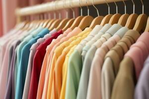 AI generated Colorful clothes on a clothing rack, pastel colorful closet in a shopping store or bedroom, rainbow color clothes choice on hangers, home wardrobe concept image. AI Generative photo