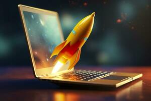 AI generated Launching a new product or service. Technology development process. Space rocket launch. 3d render. Yellow rocket lift up from the display laptop. AI Generative photo