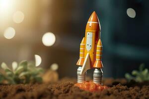 AI generated Toy rocket takes off business and finances success concept. AI Generative photo