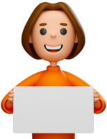 Cartoon smiling woman holding empty white board 3d illustration png