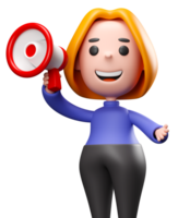 mulher segurando megafone Faz marketing promoção anúncio 3d render ilustração png