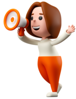 Woman holding megaphone loudspeaker making speech or message 3D rendering. Business and marketing concept illustration png