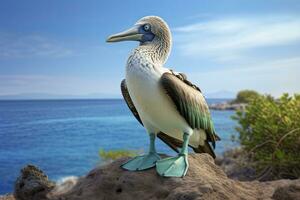 AI generated The rare blue-footed booby rests on the beach. AI Generated photo